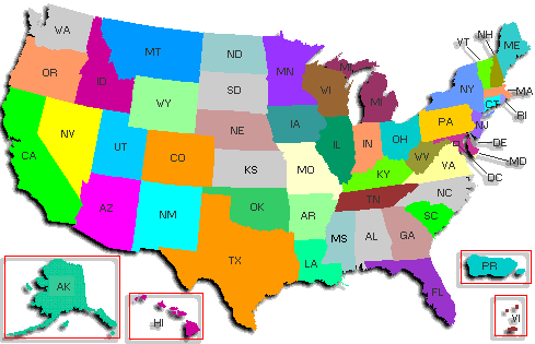 Map of the United States with each state hot linked to a list of names below