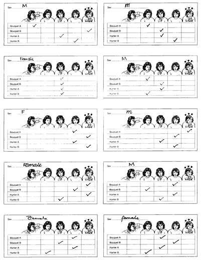 Picture of 10 completed score sheets; 5 completed by men and 5 by women.