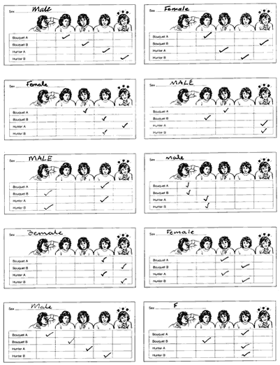 Picture of 10 completed score sheets; 5 completed by men and 5 by women.