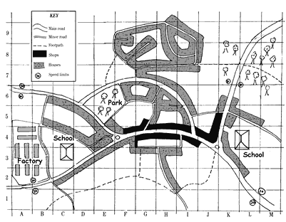 A map of the town showing roads, parks, schools, footpaths, etc.